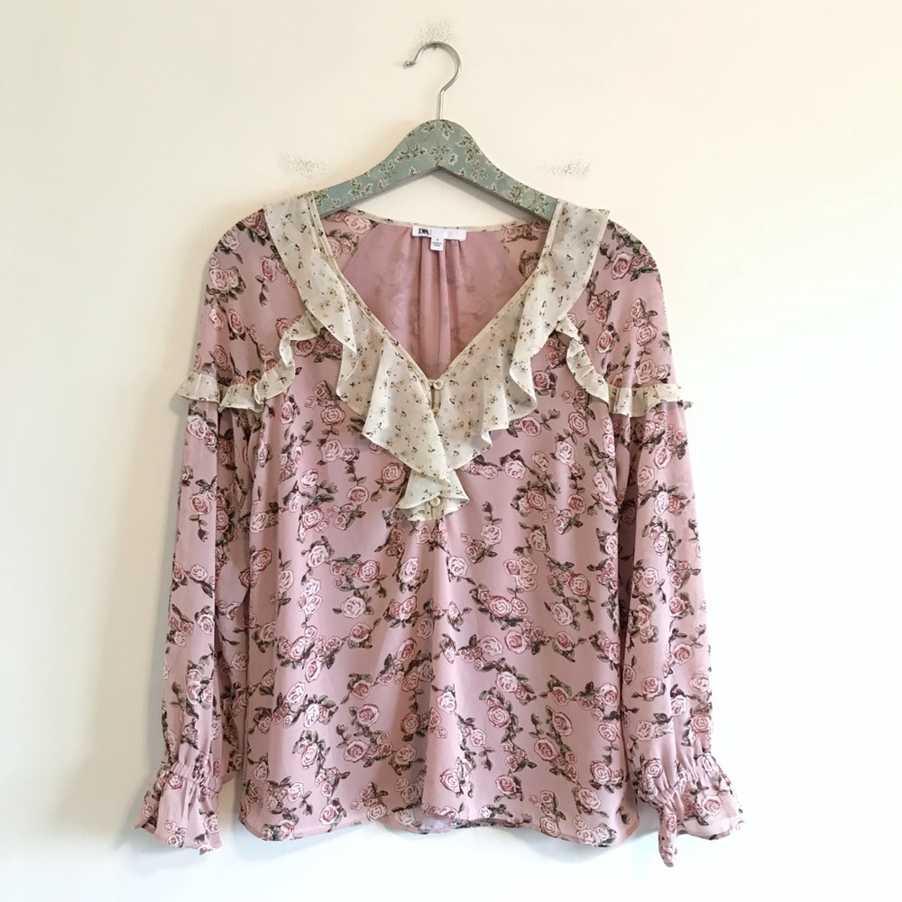 DR2 Pink Floral Ruffle Long Sleeve Blouse